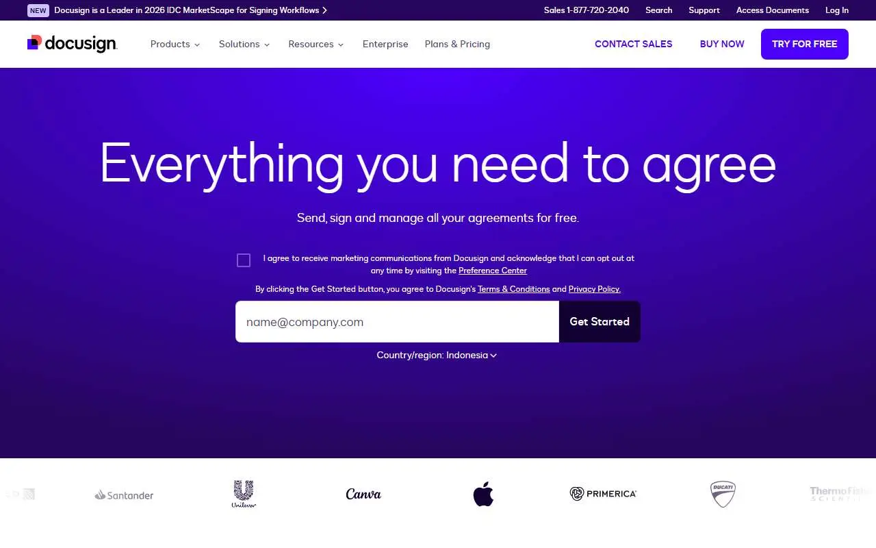 Tampilan website resmi DocuSign (docusign.com)