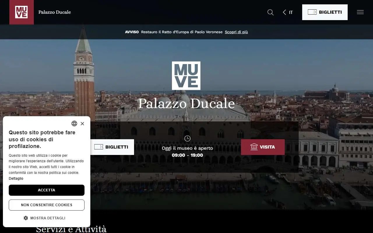 Tampilan website resmi Istana Doge (palazzoducale.visitmuve.it)