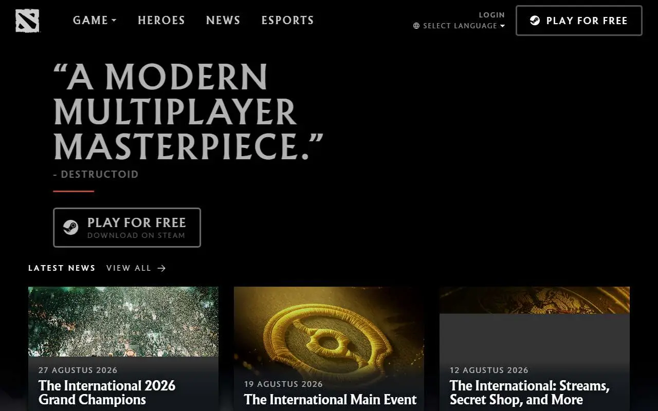 Tampilan website resmi Dota 2 (dota2.com)