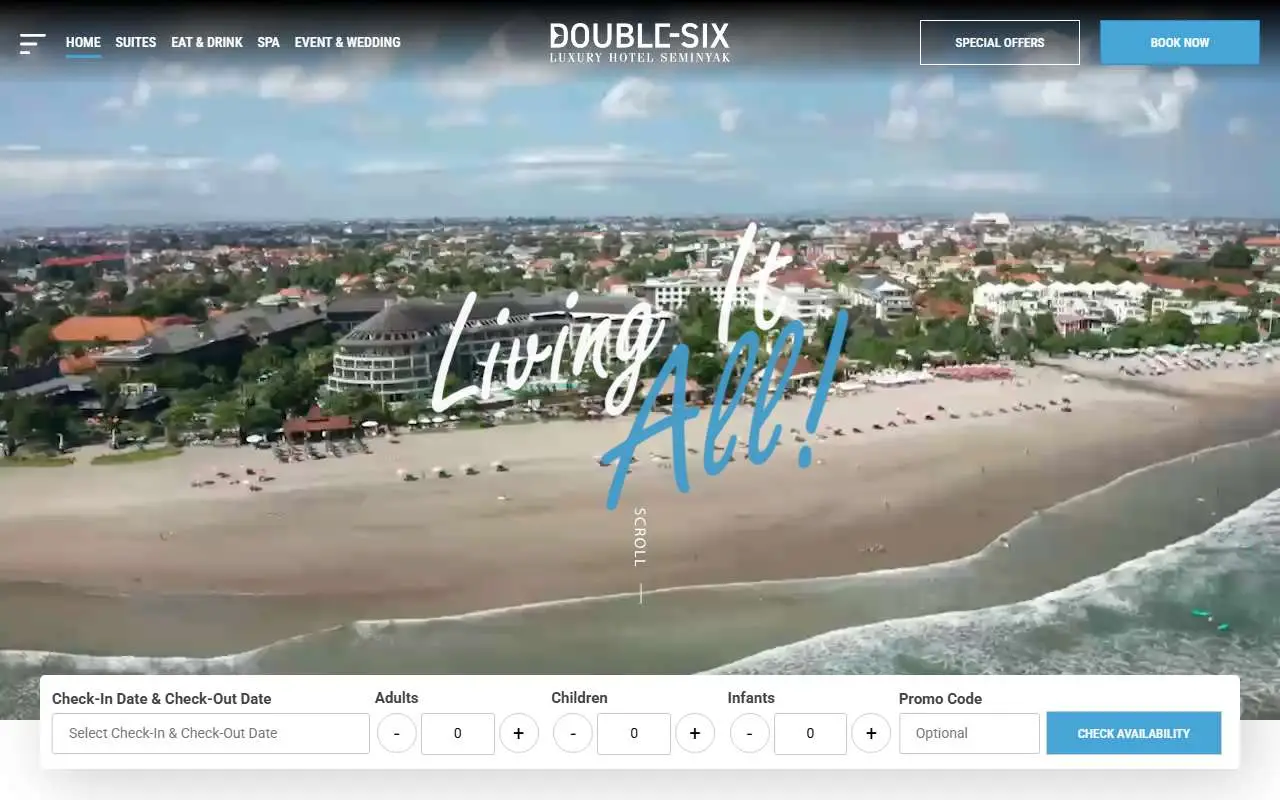 Tampilan website resmi Double Six Luxury Hotel Seminyak (double-six.com)