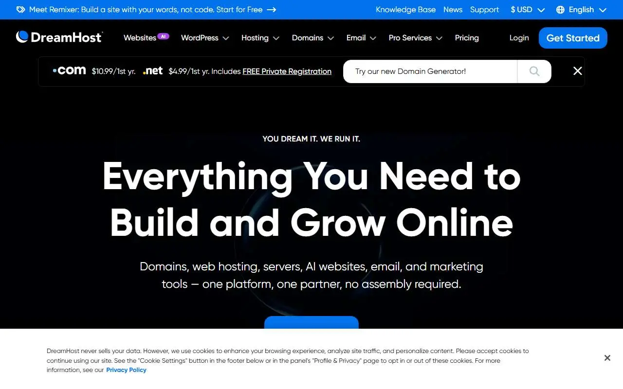 Tampilan website resmi DreamHost (dreamhost.com)