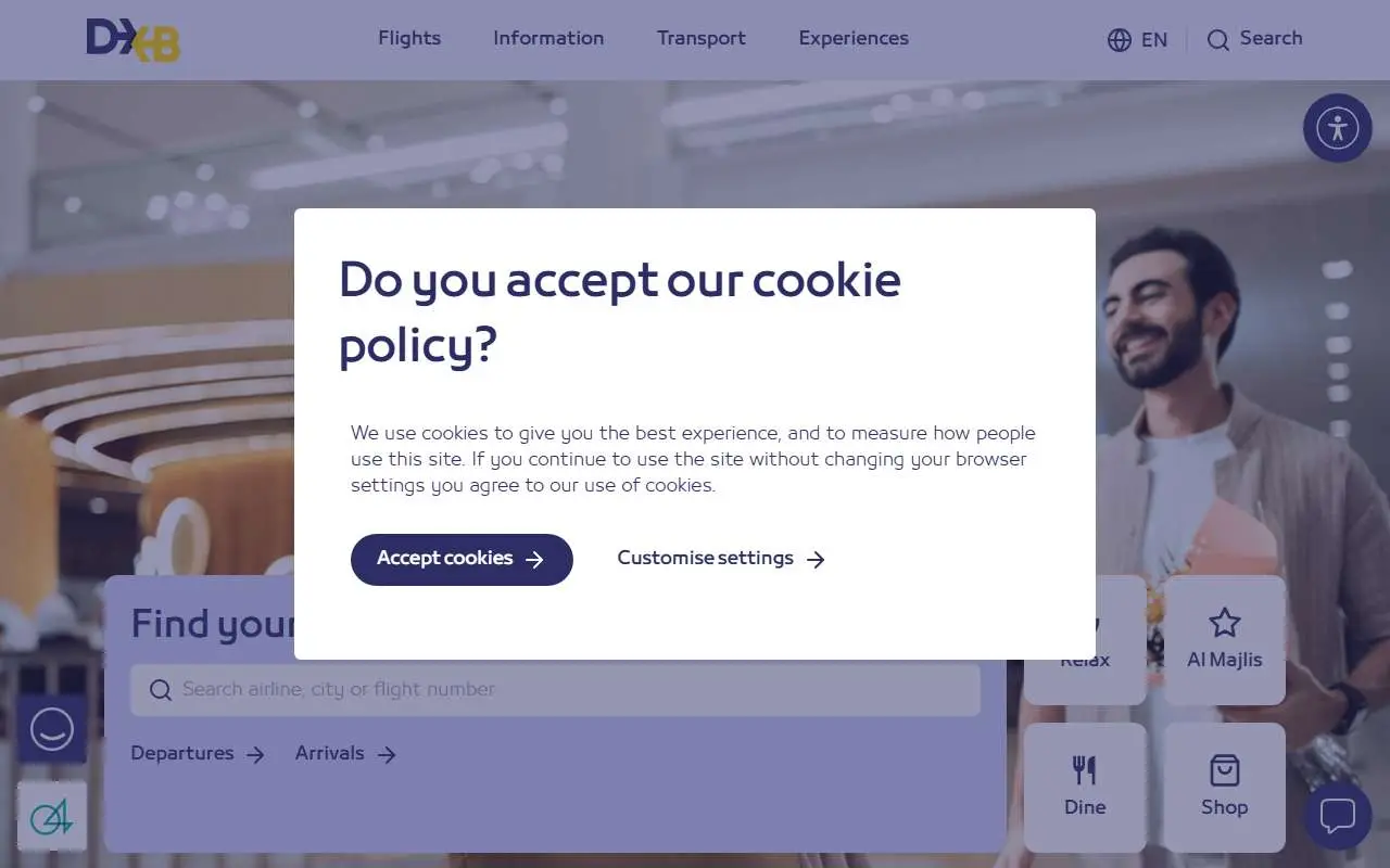 Tampilan website resmi Dubai Airports (dubaiairports.ae)