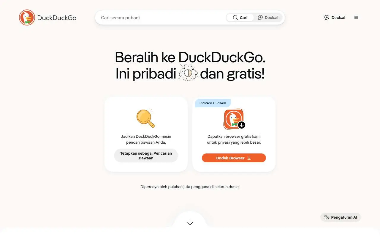 Tampilan website resmi DuckDuckGo (duckduckgo.com)
