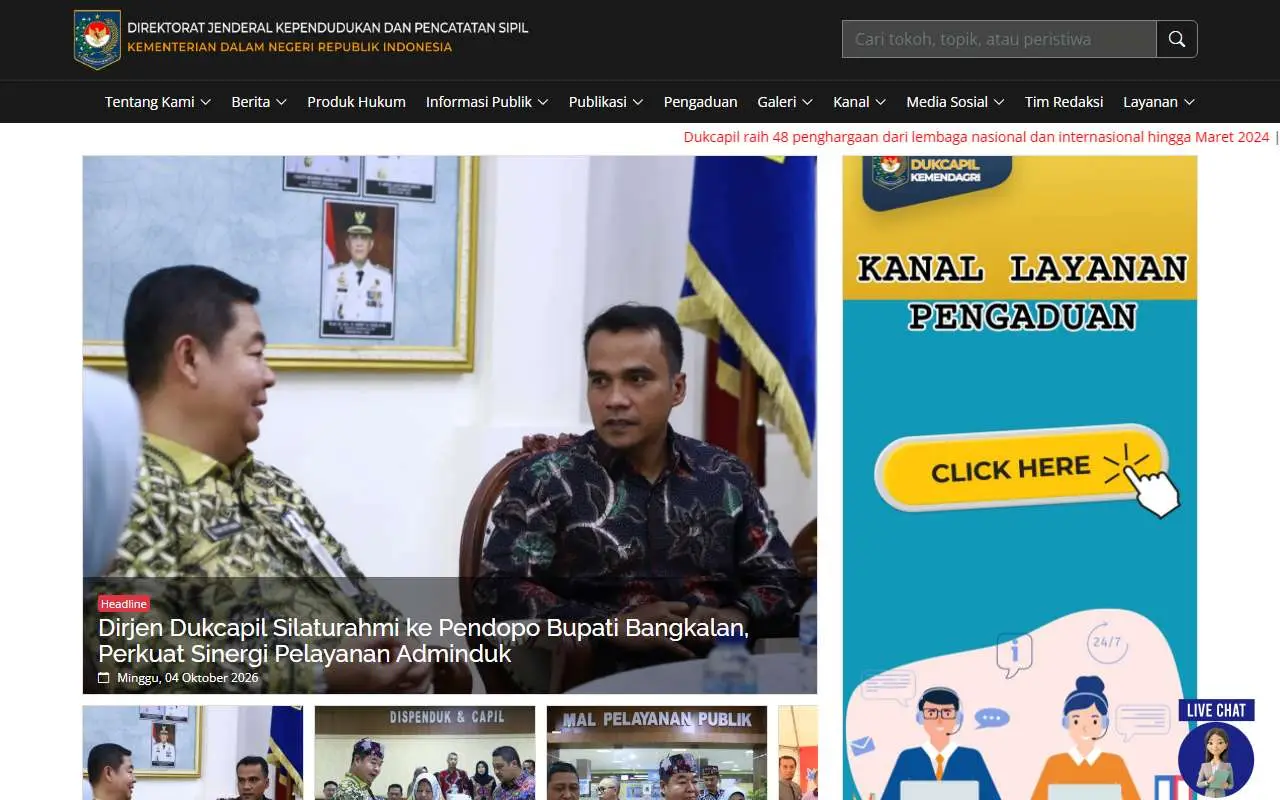 Tampilan website resmi Dukcapil Kemendagri (dukcapil.kemendagri.go.id)