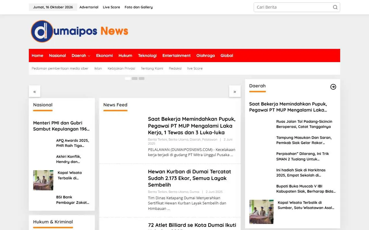 Tampilan website resmi Dumai Pos News (dumaiposnews.com)