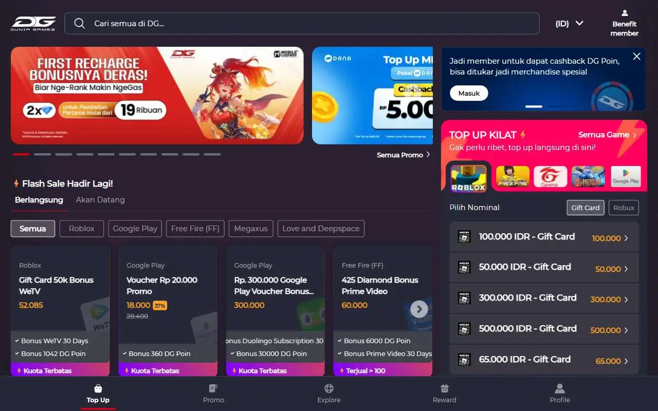 Tampilan website resmi DuniaGames (duniagames.co.id)