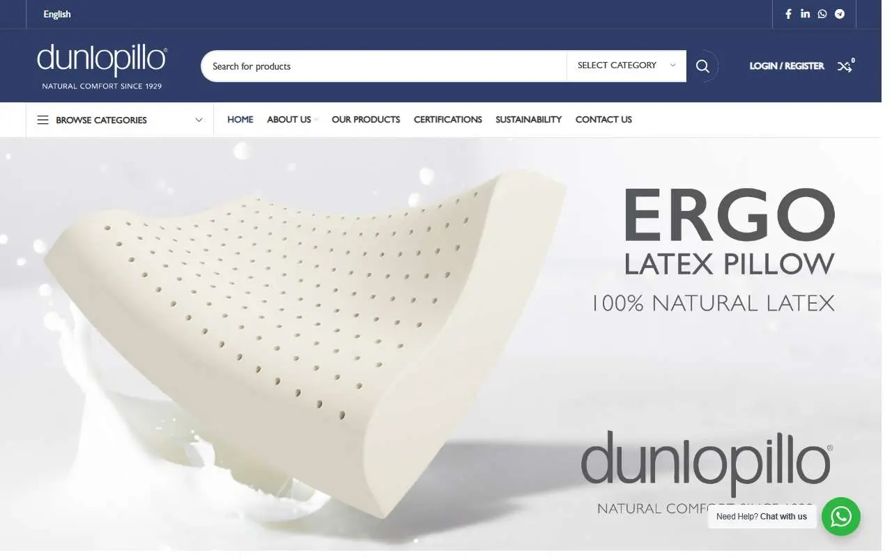 Tampilan website resmi Dunlopillo Indonesia (dunlopillo.co.id)