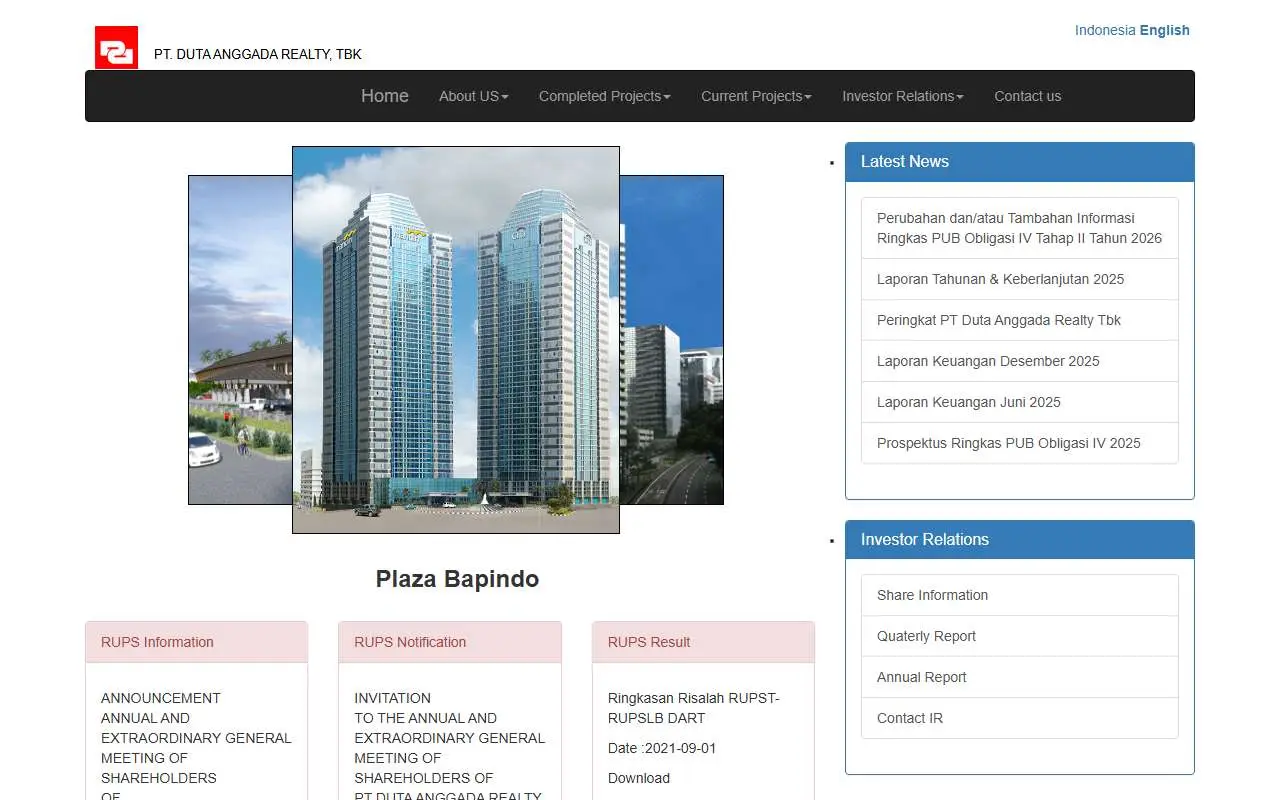 Tampilan website resmi Duta Anggada Realty (dutaanggadarealty.com)