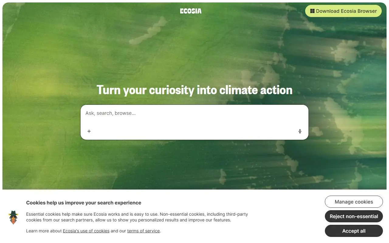 Tampilan website resmi Ecosia (ecosia.org)