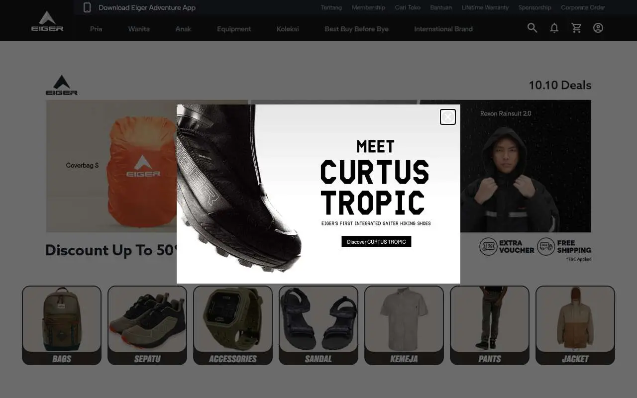 Tampilan website resmi Eiger (eigeradventure.com)