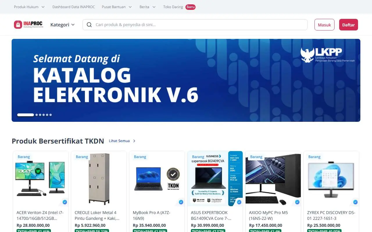 Tampilan website resmi e-Katalog LKPP (katalog.inaproc.id)