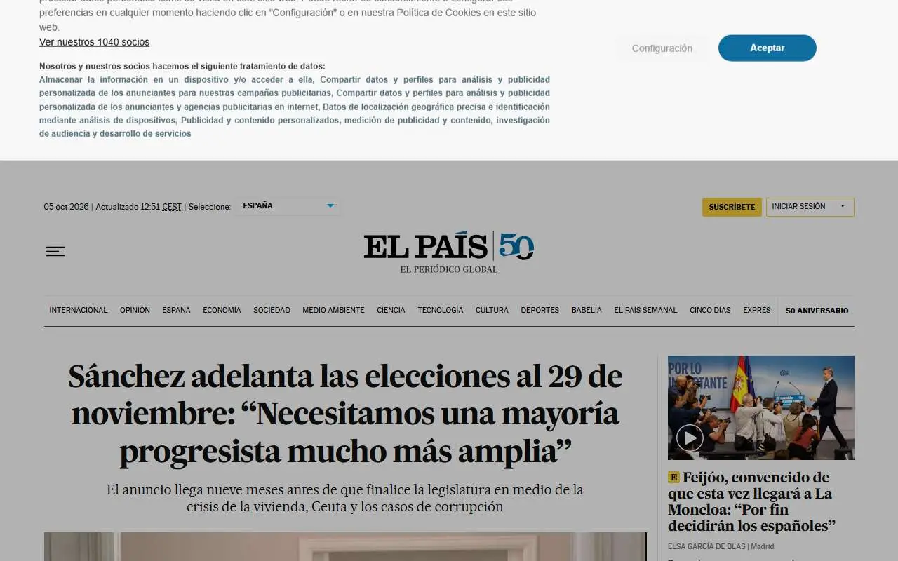 Tampilan website resmi El País (elpais.com)