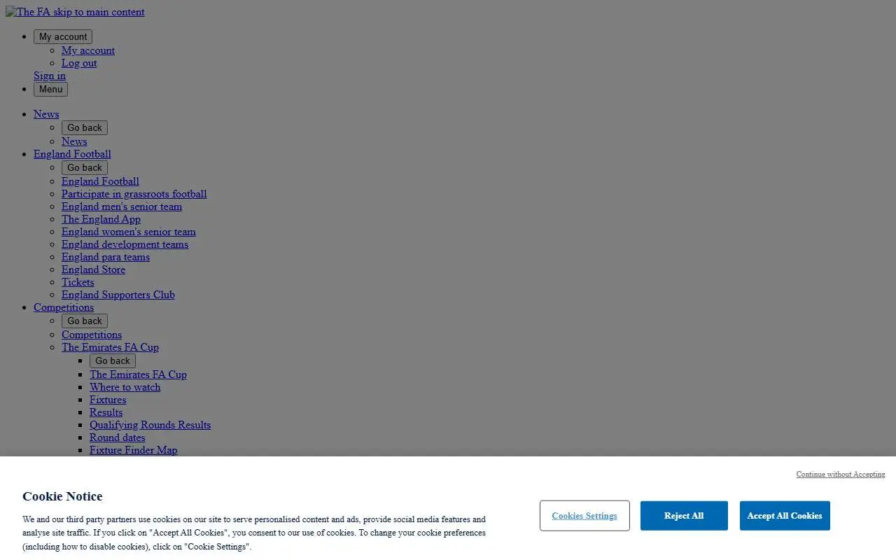 Tampilan website resmi Tim nasional sepak bola Inggris (thefa.com)