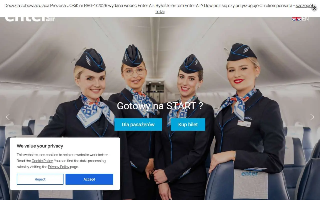 Tampilan website resmi Enter Air (enterair.pl)