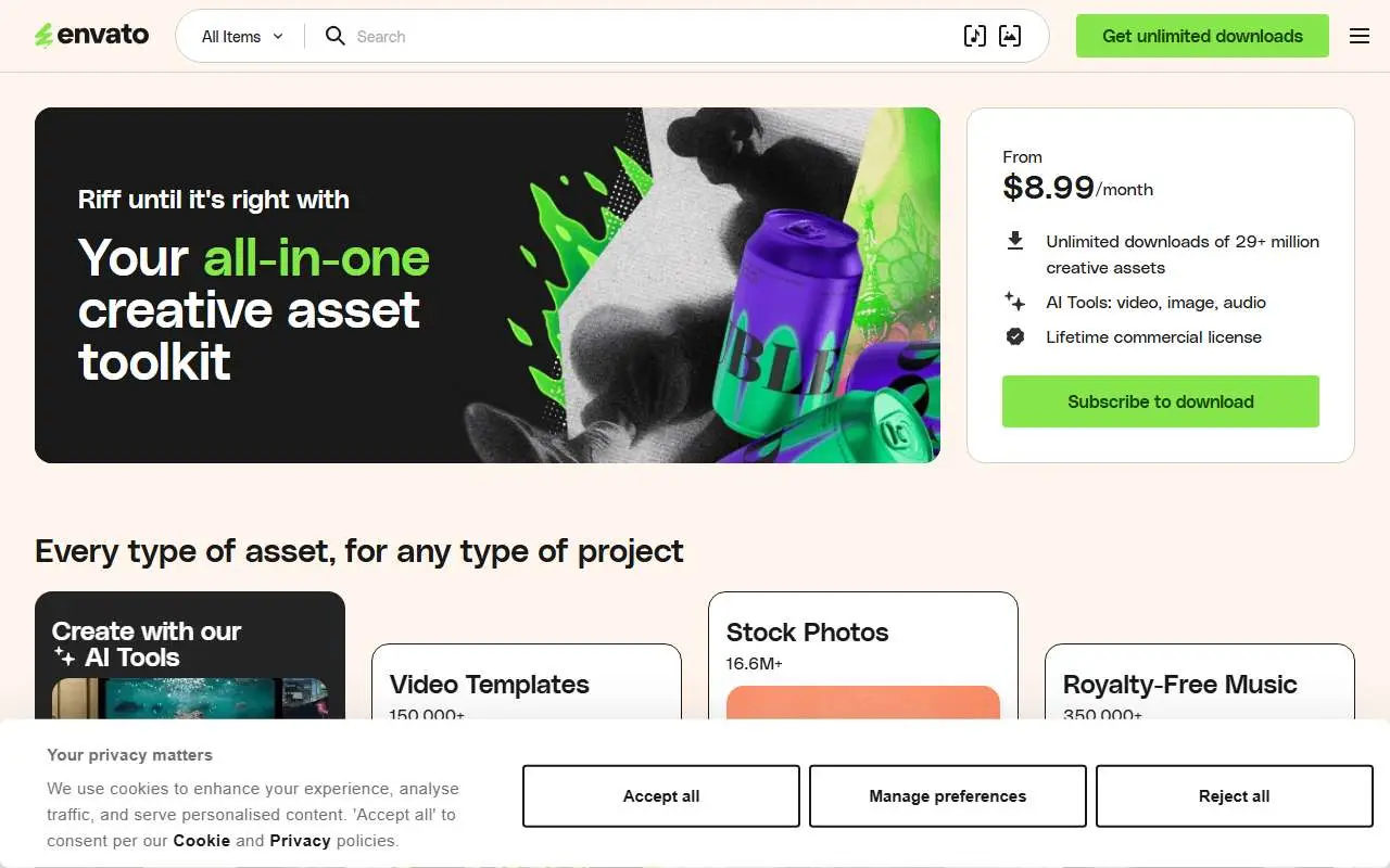 Tampilan website resmi Envato (envato.com)