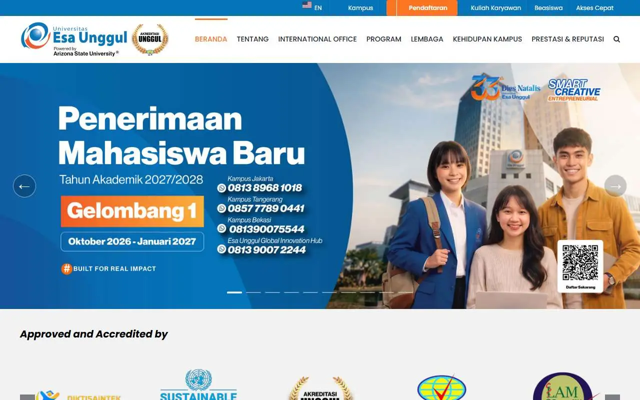 Tampilan website resmi Universitas Esa Unggul (esaunggul.ac.id)