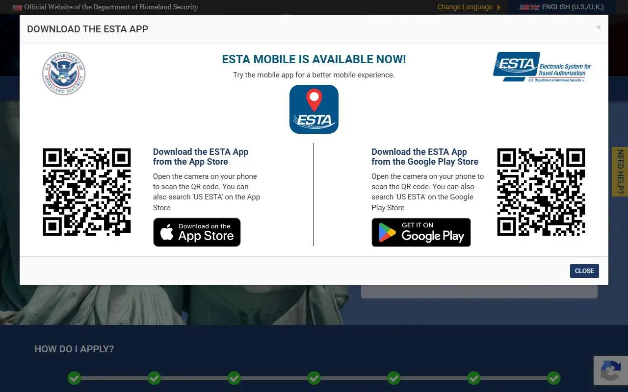 Tampilan website resmi ESTA Amerika Serikat (esta.cbp.dhs.gov)