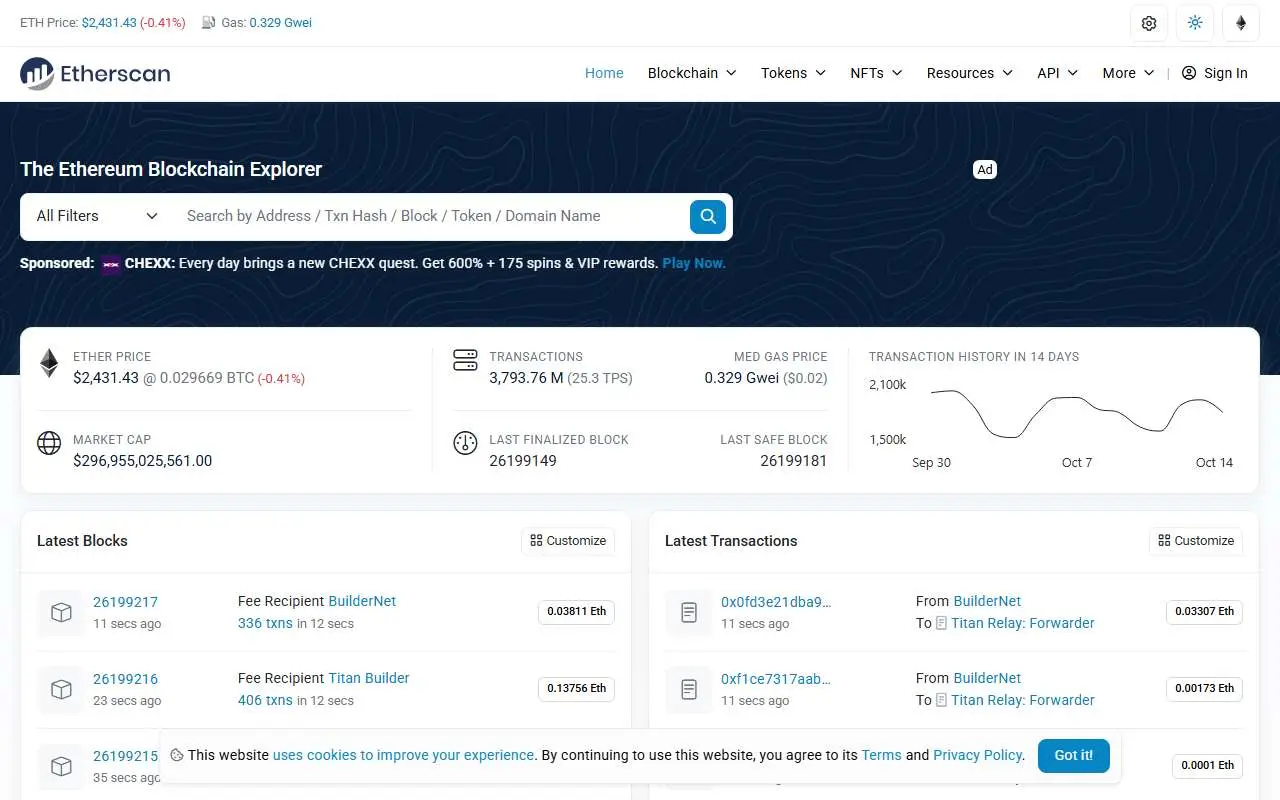 Tampilan website resmi Etherscan (etherscan.io)