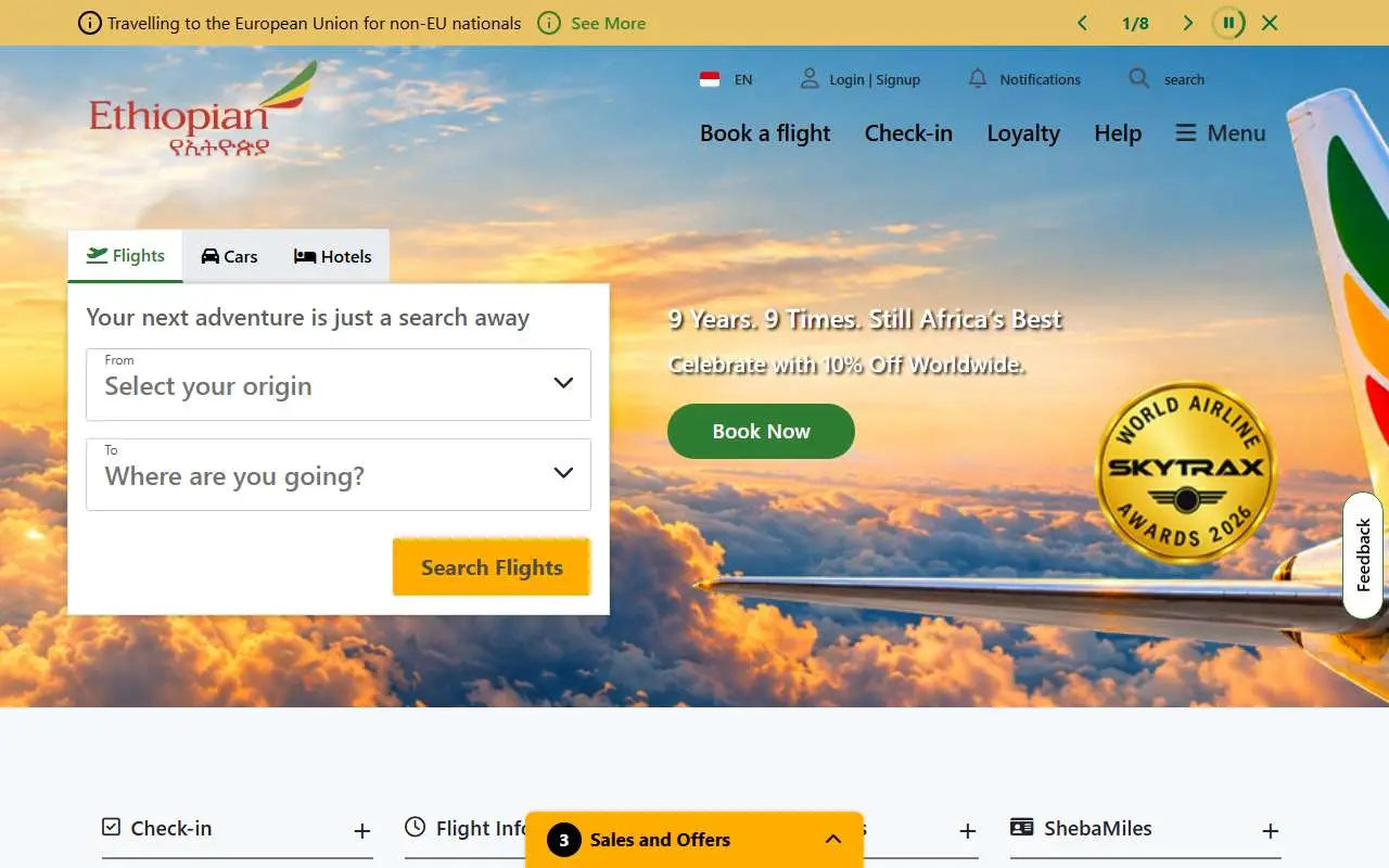 Tampilan website resmi Ethiopian Airlines (ethiopianairlines.com)
