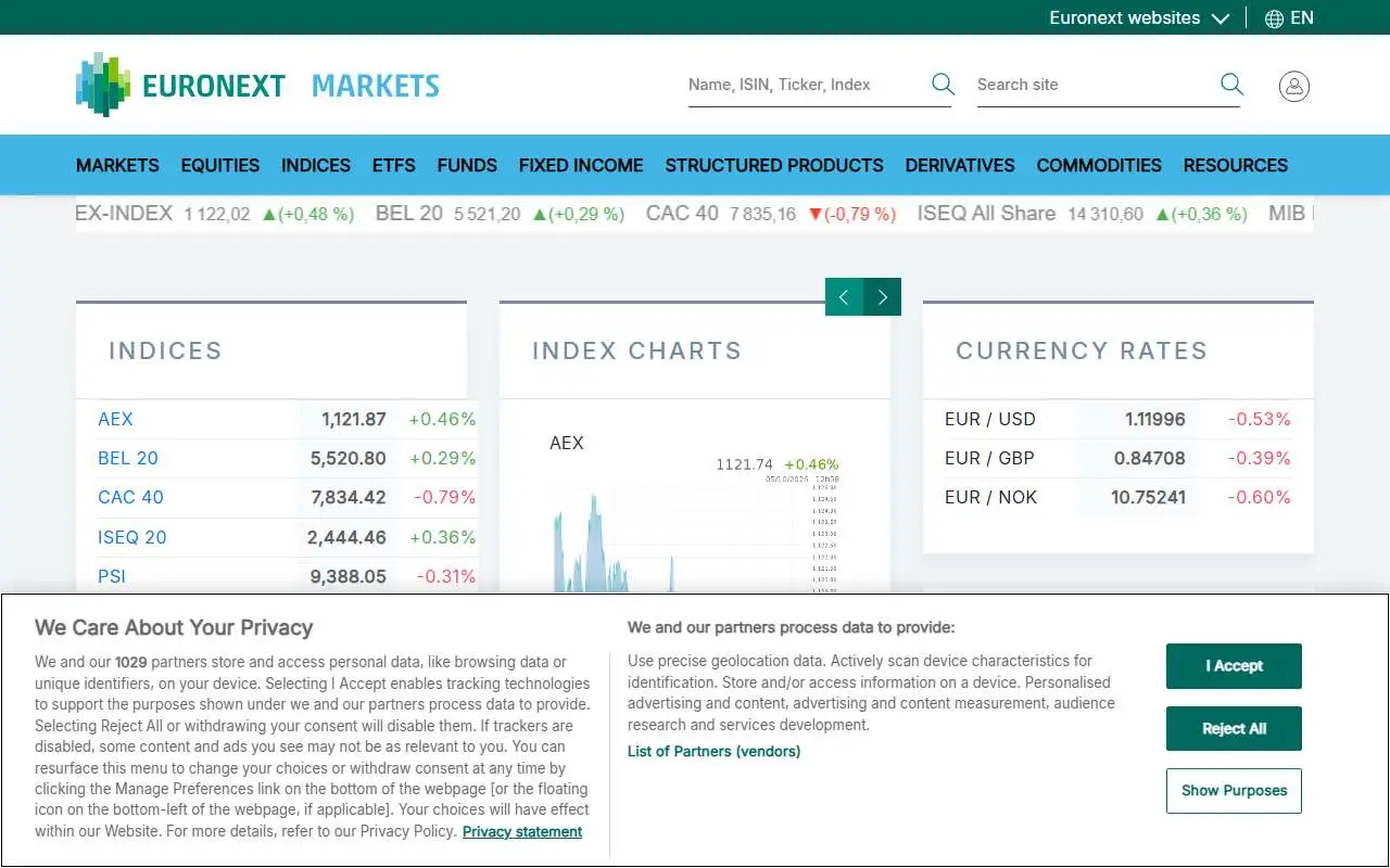 Tampilan website resmi Bursa Efek Paris (live.euronext.com)