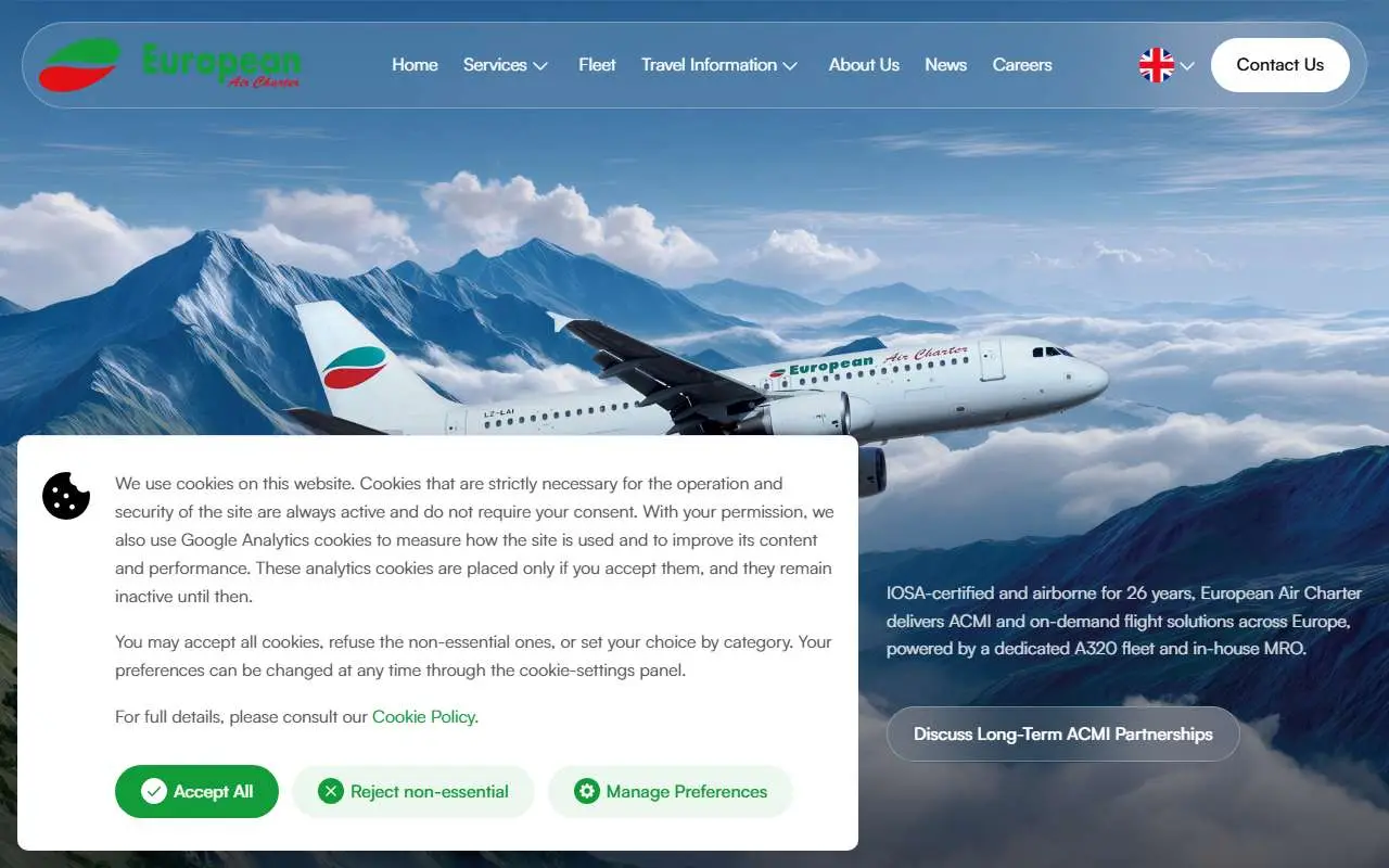 Tampilan website resmi European Air Charter (euaircharter.com)