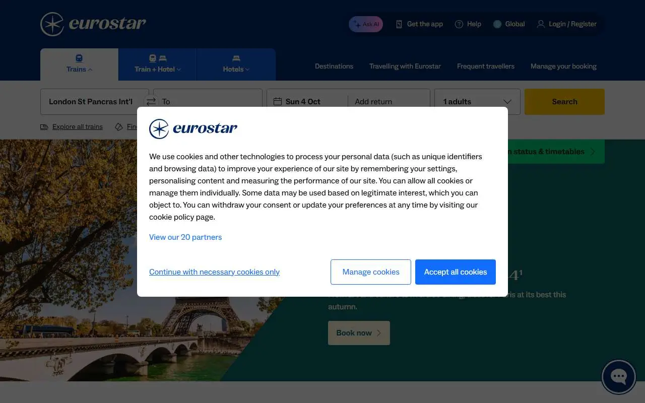 Tampilan website resmi Eurostar (eurostar.com)
