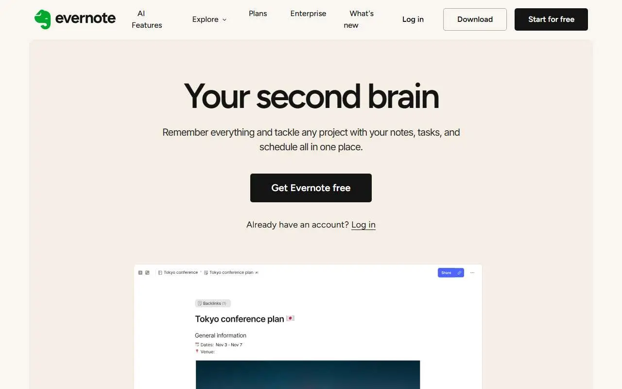 Tampilan website resmi Evernote (evernote.com)