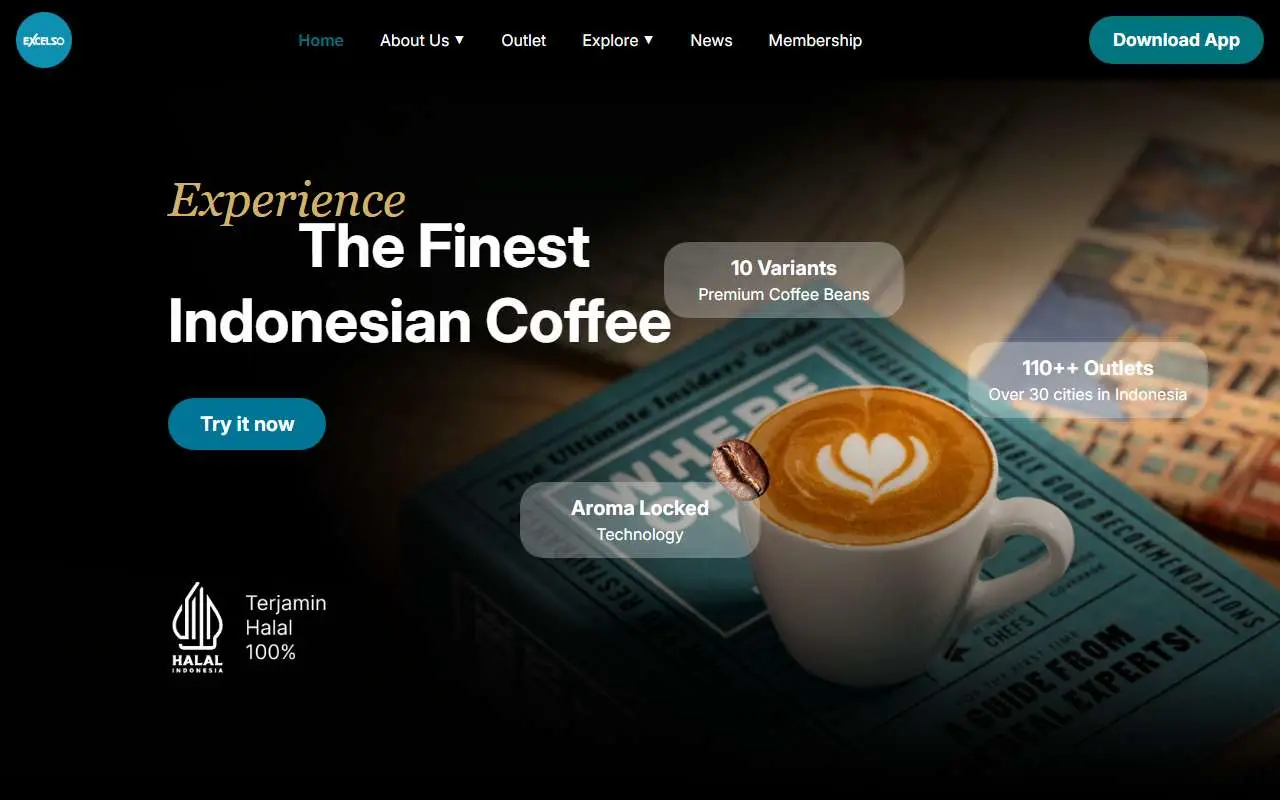 Tampilan website resmi Excelso (excelso-coffee.com)