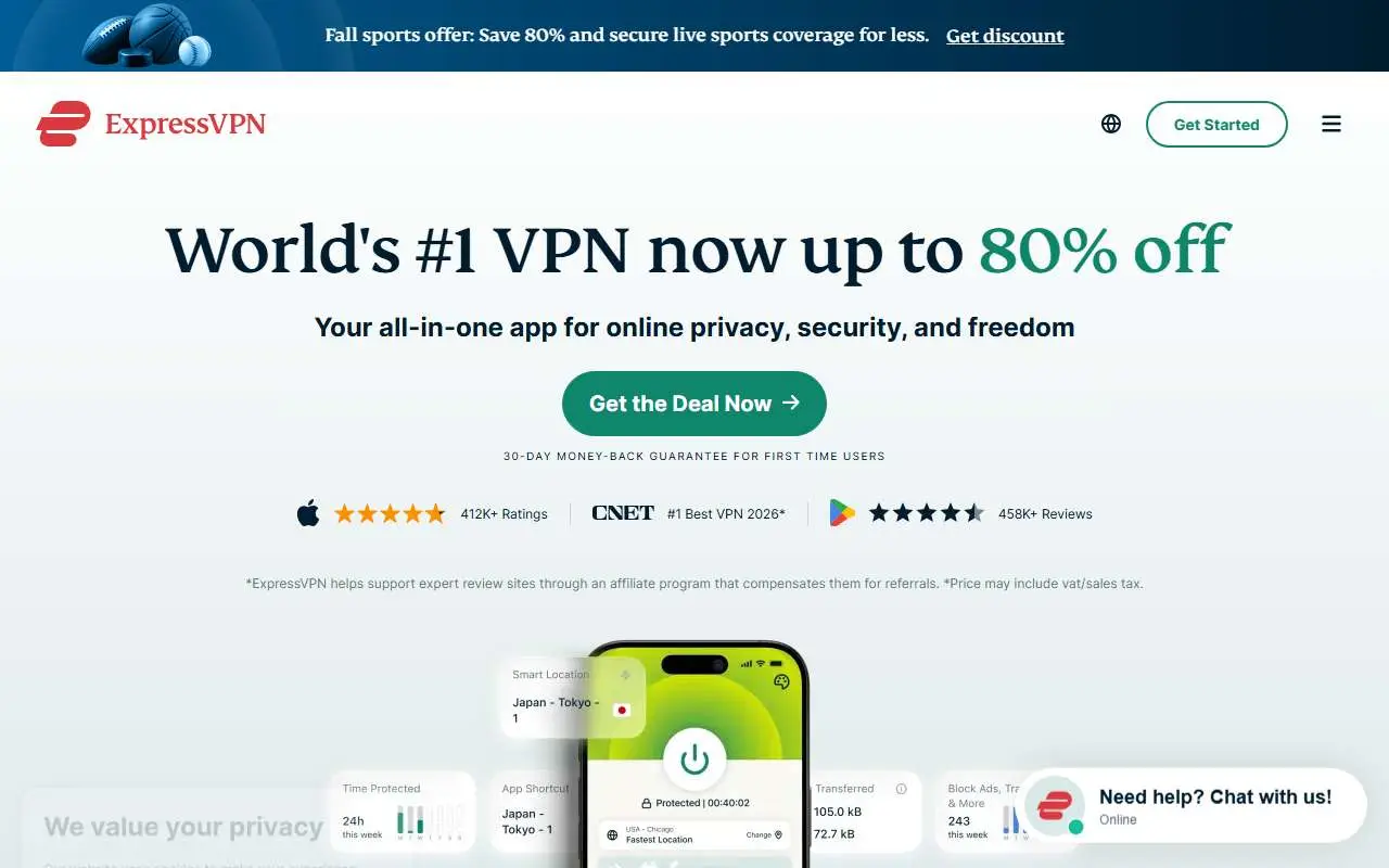 Tampilan website resmi ExpressVPN (expressvpn.com)