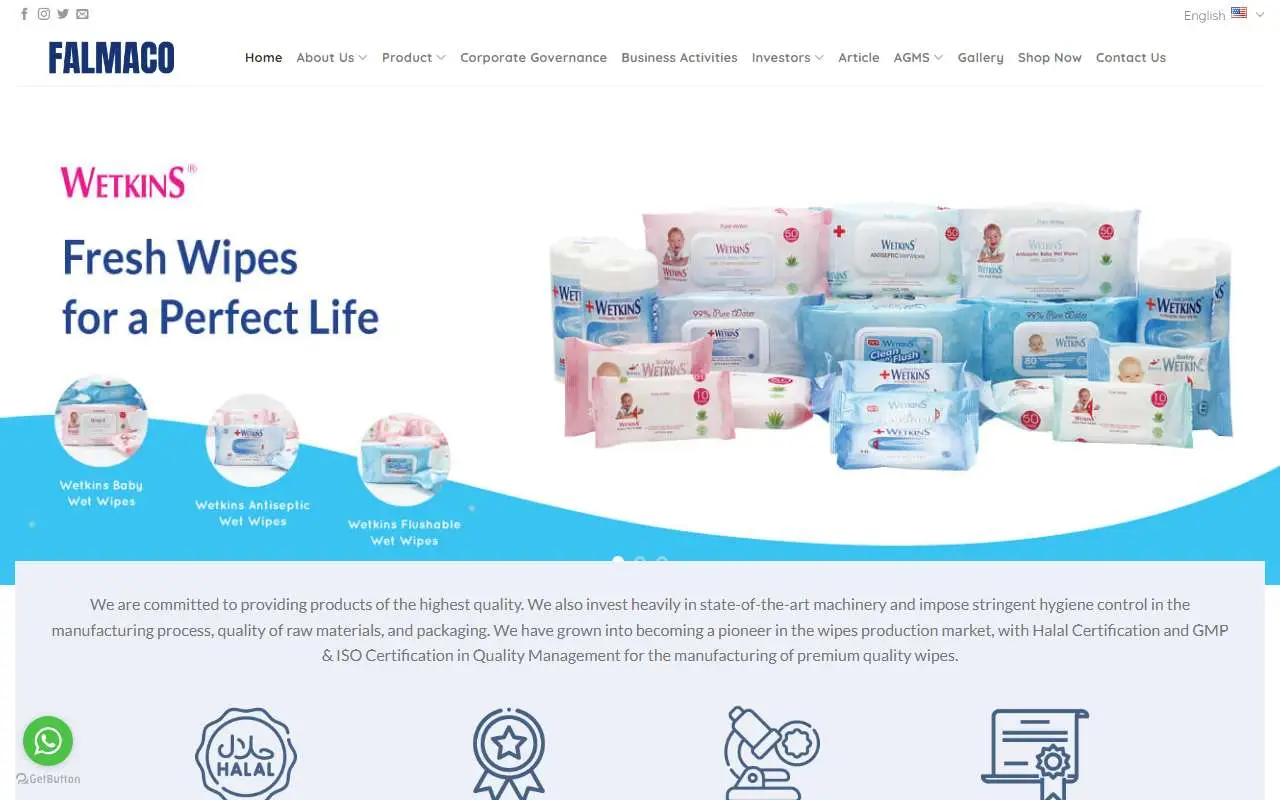 Tampilan website resmi Falmaco Nonwoven Industri (falmaco-nonwoven.com)