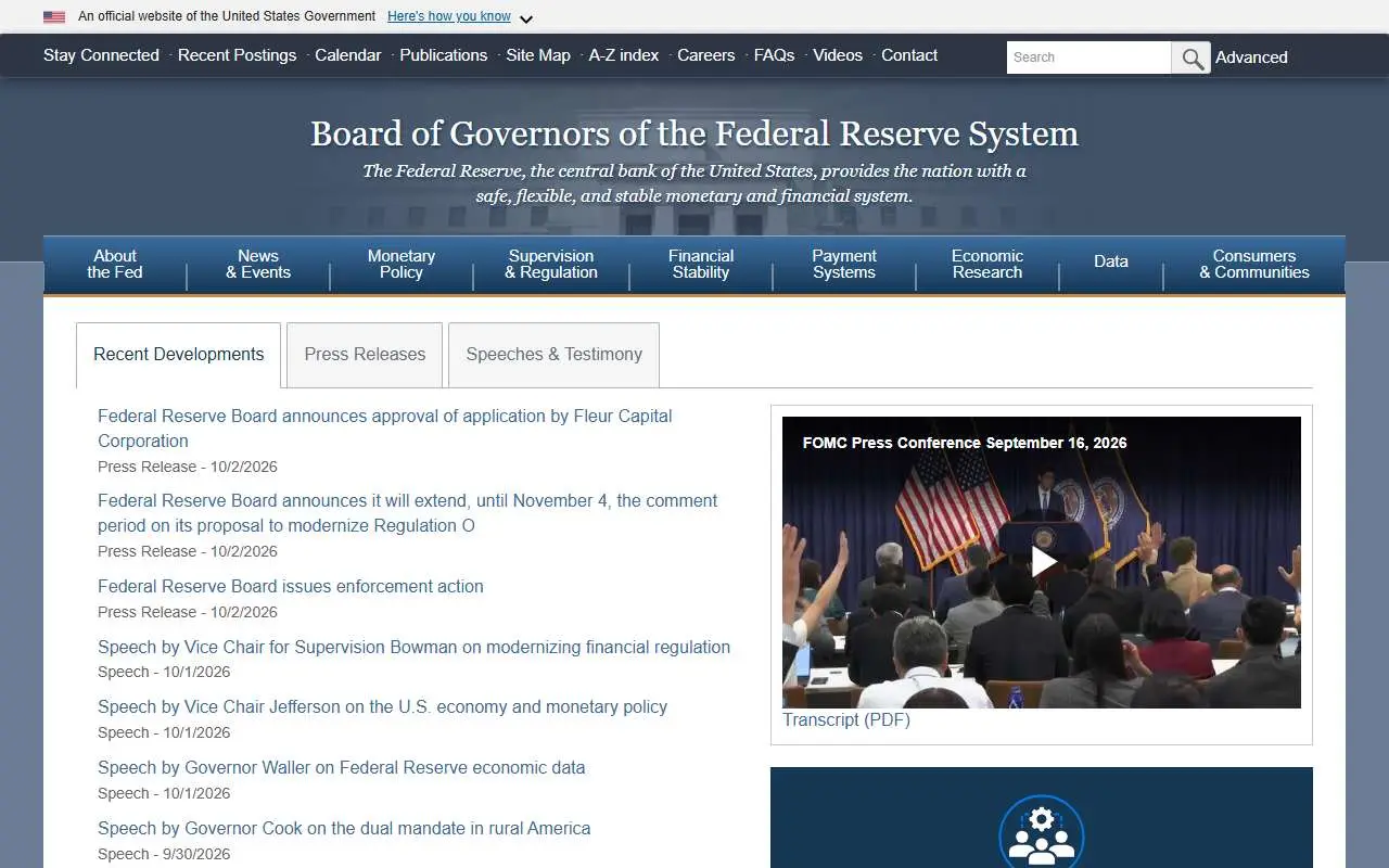 Tampilan website resmi Federal Reserve System (federalreserve.gov)