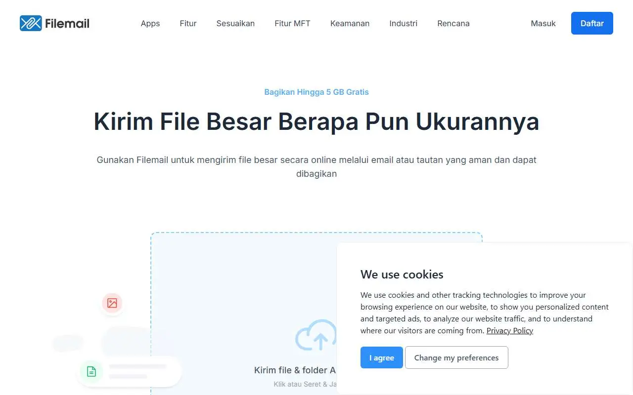 Tampilan website resmi Filemail (filemail.com)
