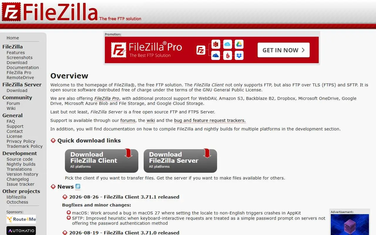Tampilan website resmi FileZilla (filezilla-project.org)