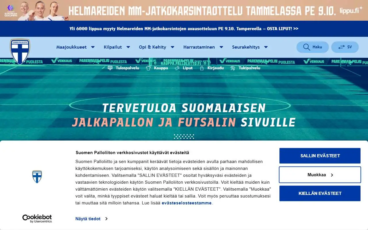 Tampilan website resmi Tim nasional sepak bola Finlandia (palloliitto.fi)