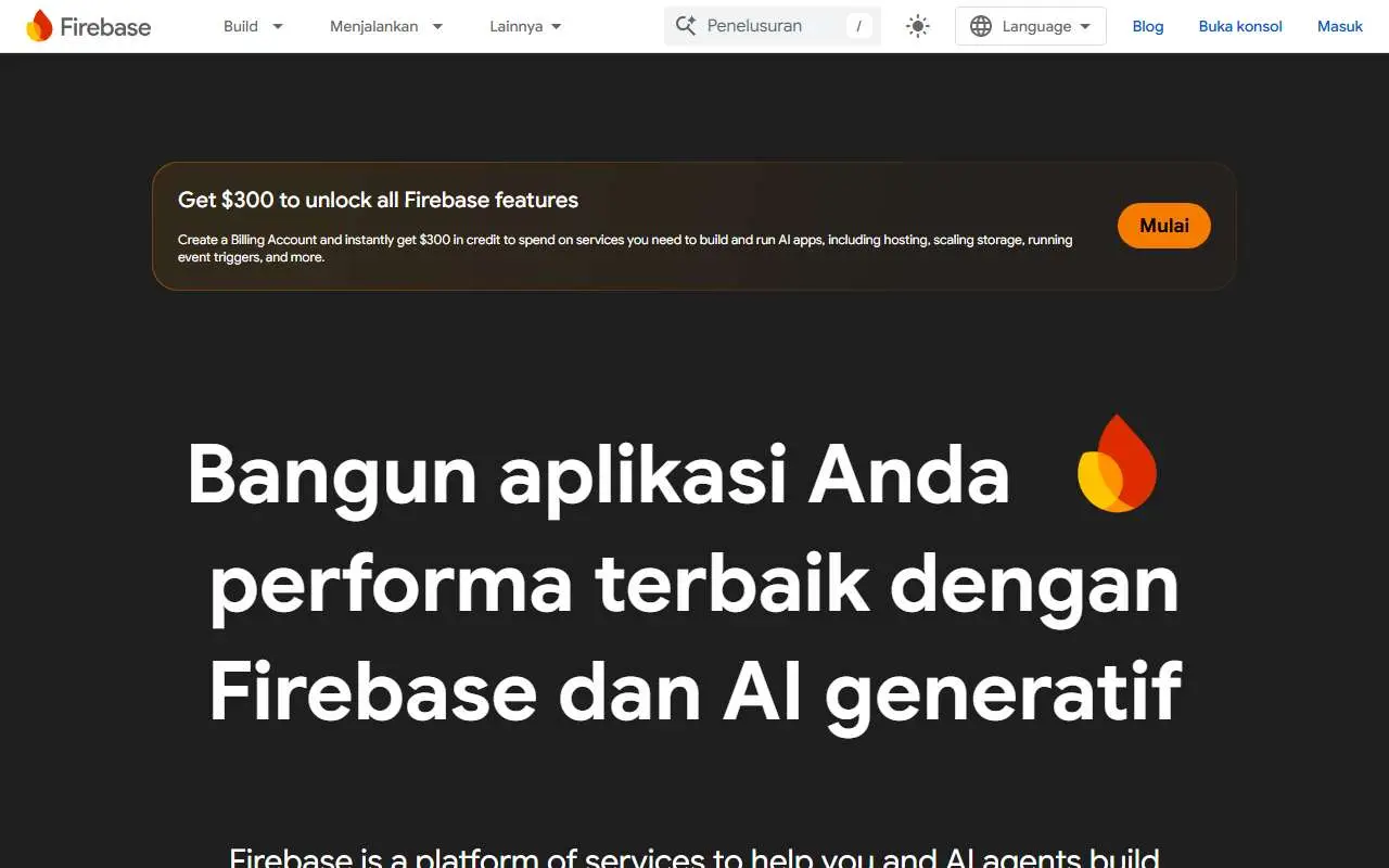 Tampilan website resmi Firebase (firebase.google.com)