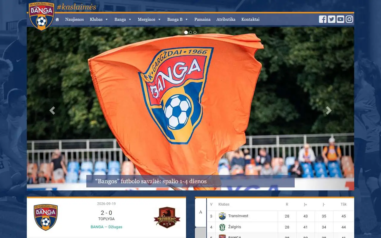 Tampilan website resmi FK Banga Gargždai (fkbanga.lt)
