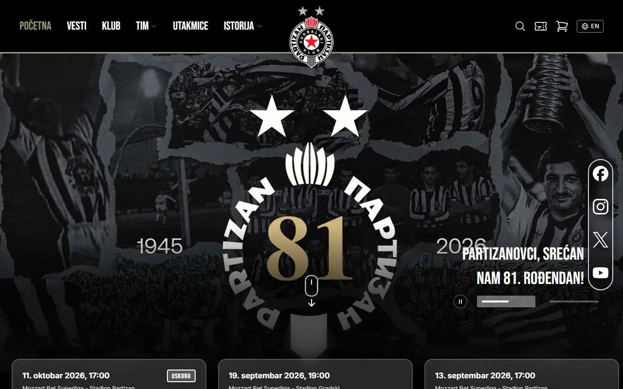 Tampilan website resmi FK Partizan (partizan.rs)