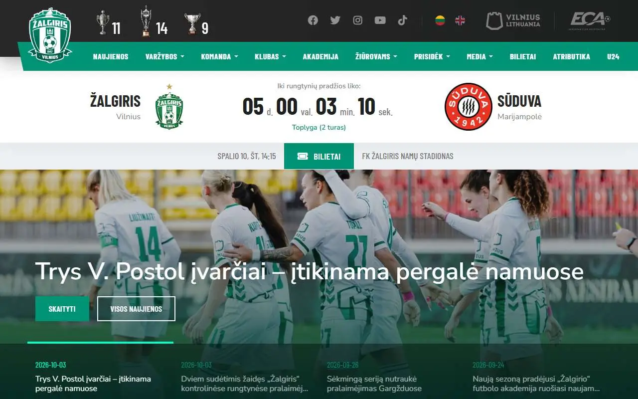 Tampilan website resmi FK Žalgiris (fkzalgiris.lt)