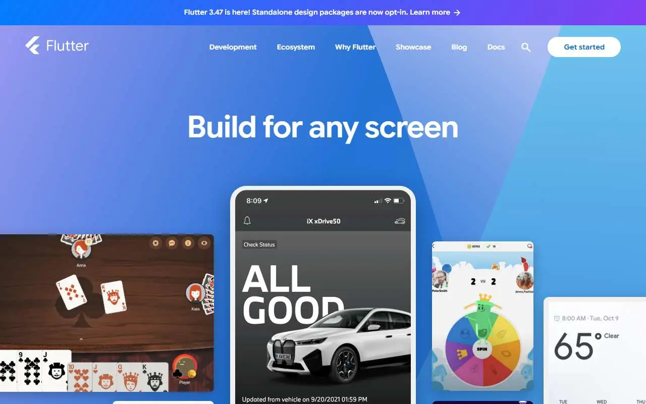 Tampilan website resmi Flutter (flutter.dev)