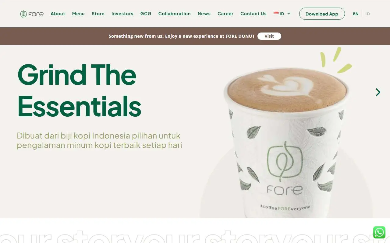 Tampilan website resmi Fore Coffee (fore.coffee)