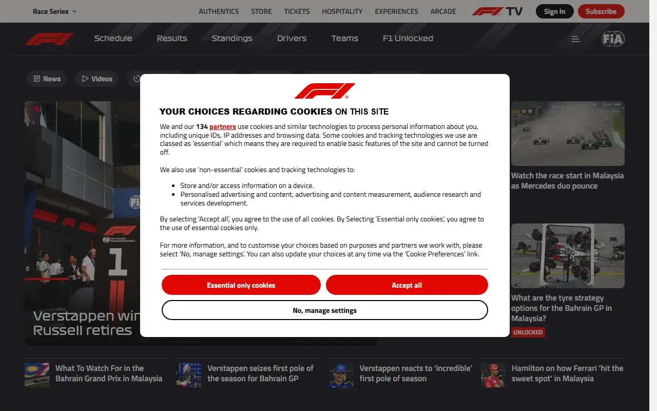 Tampilan website resmi Formula 1 (formula1.com)