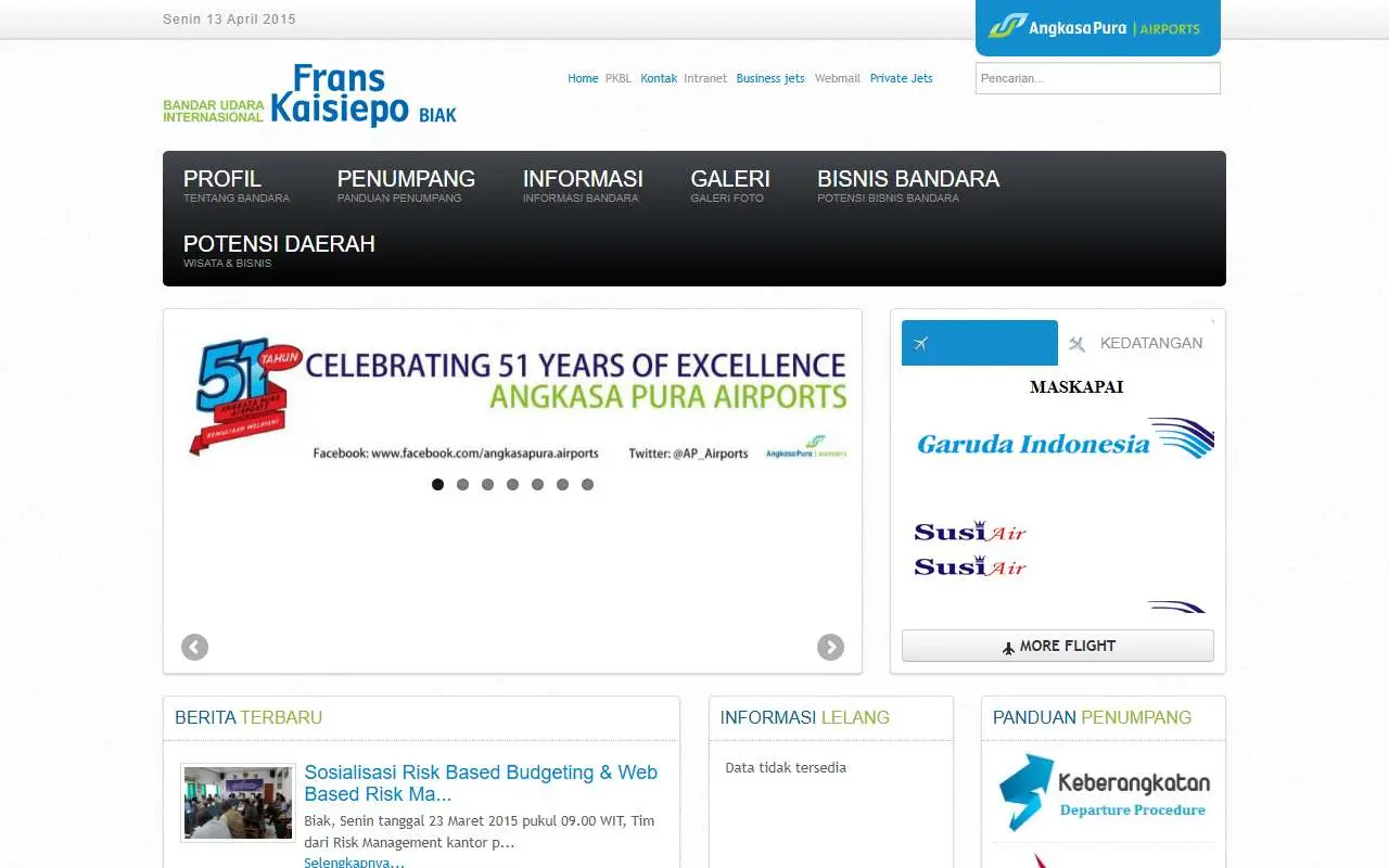 Tampilan website resmi Bandara Frans Kaisiepo Biak (franskaiseipo-airport.com)