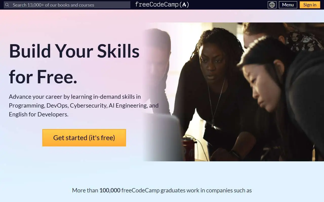 Tampilan website resmi freeCodeCamp (freecodecamp.org)