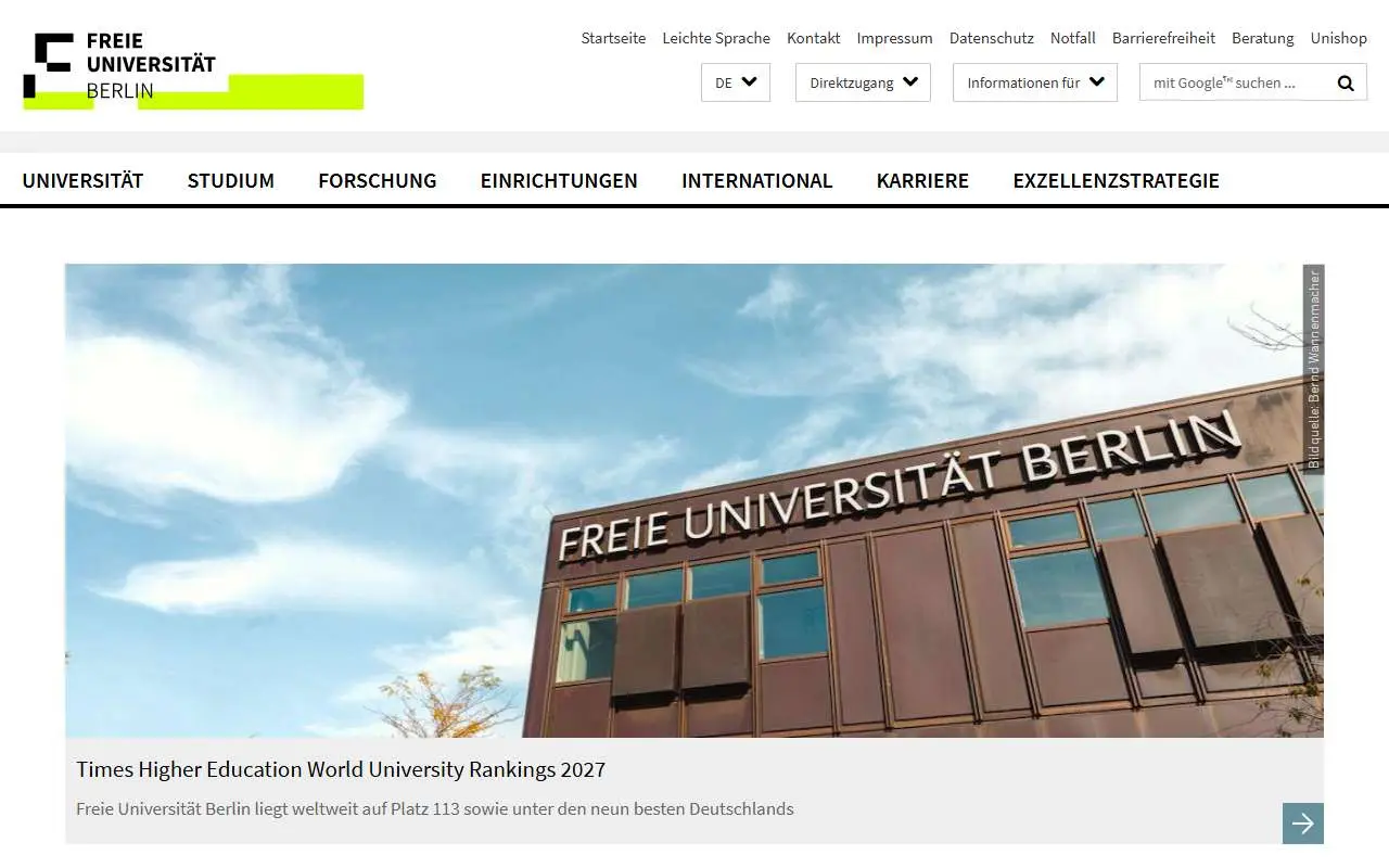 Tampilan website resmi Universitas Bebas Berlin (fu-berlin.de)