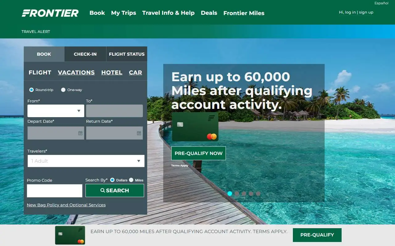 Tampilan website resmi Frontier Airlines (flyfrontier.com)