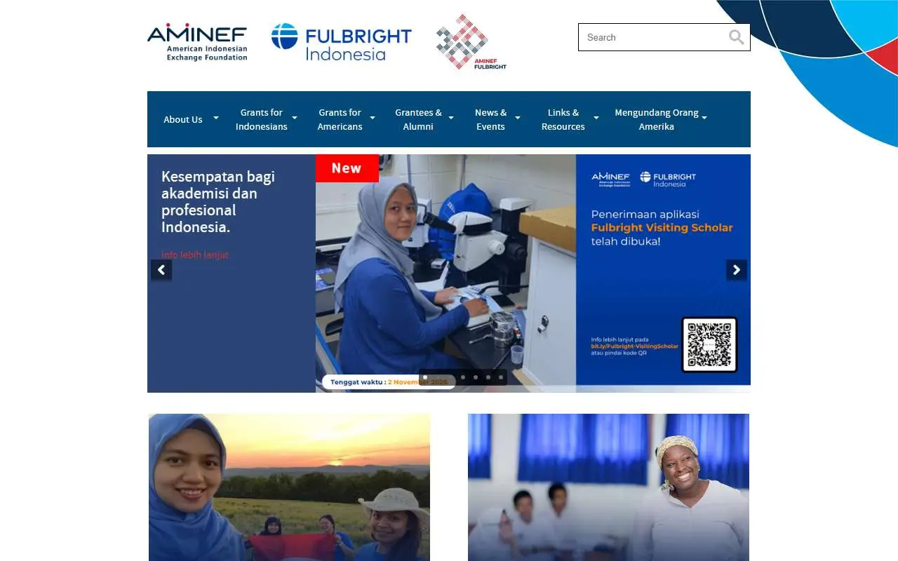 Tampilan website resmi AMINEF Fulbright (aminef.or.id)