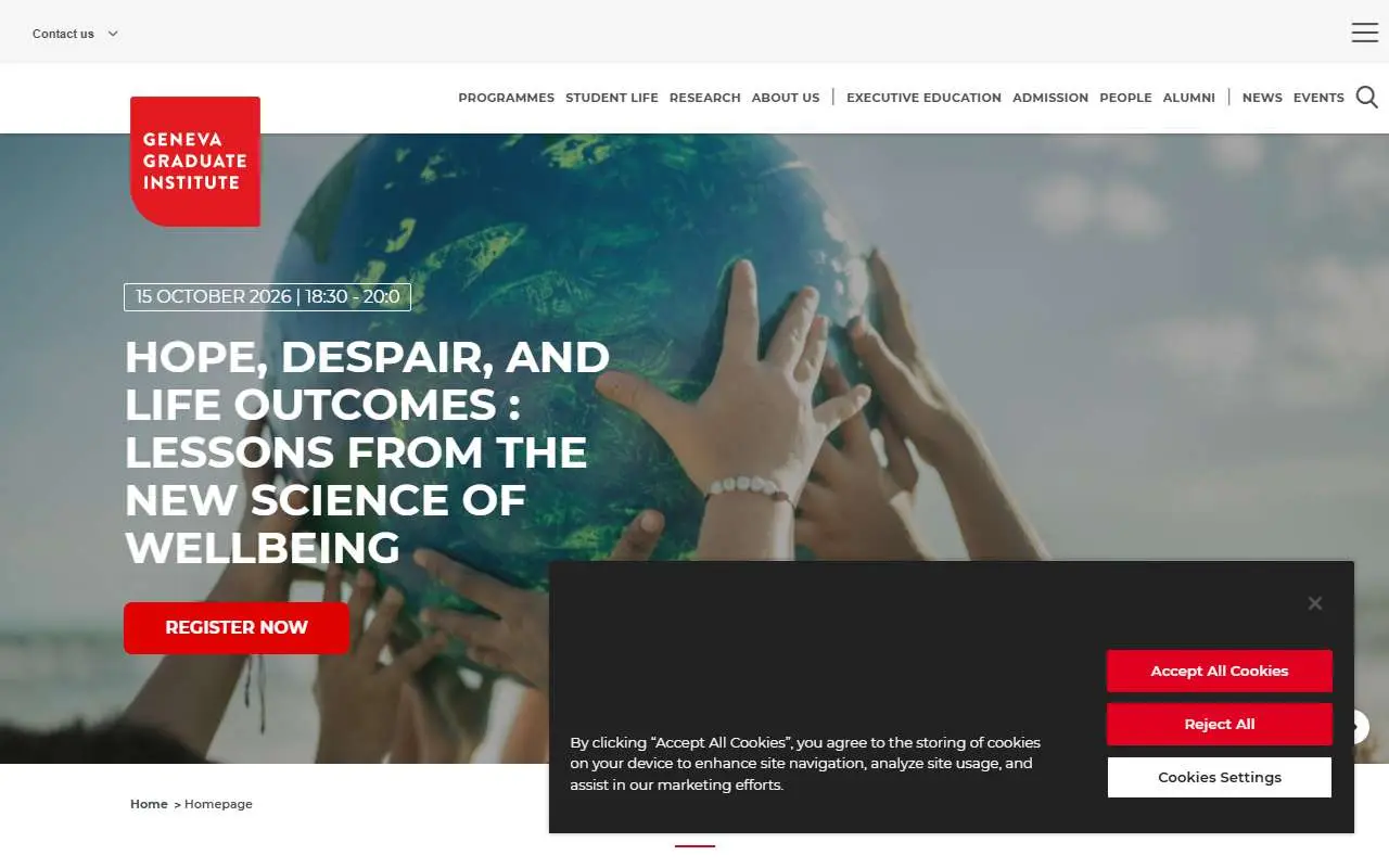 Tampilan website resmi Graduate Institute Geneva (graduateinstitute.ch)