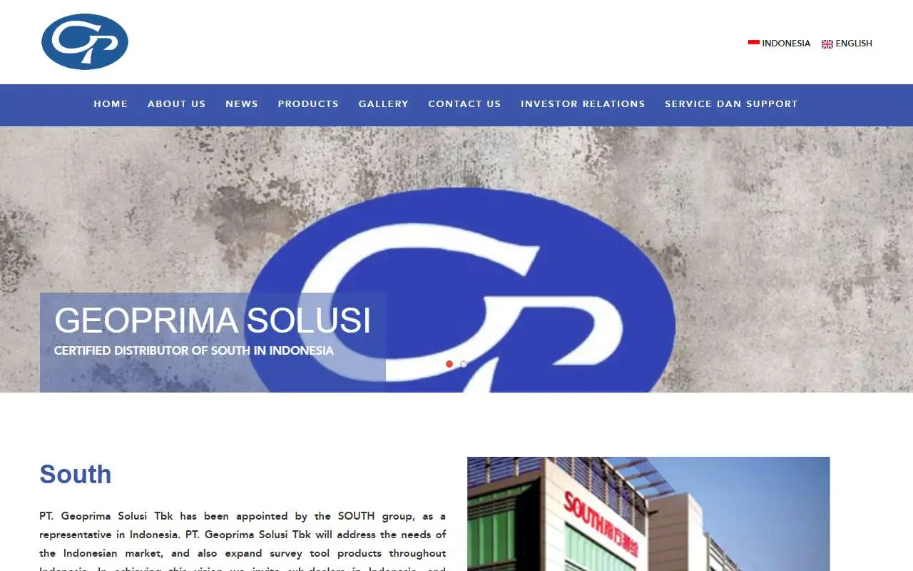 Tampilan website resmi Geoprima Solusi (geoprima.co.id)