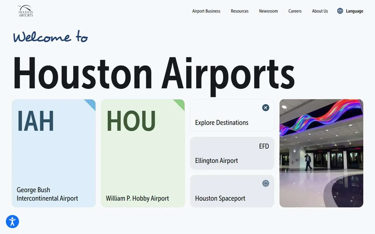 Tampilan website resmi Bandara Interkontinental George Bush (fly2houston.com)