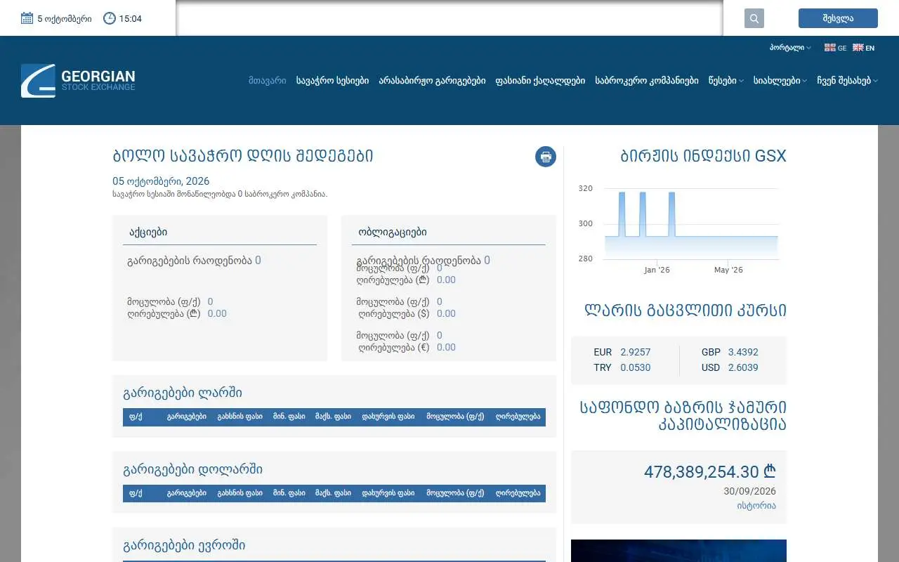 Tampilan website resmi Georgian Stock Exchange (gse.ge)